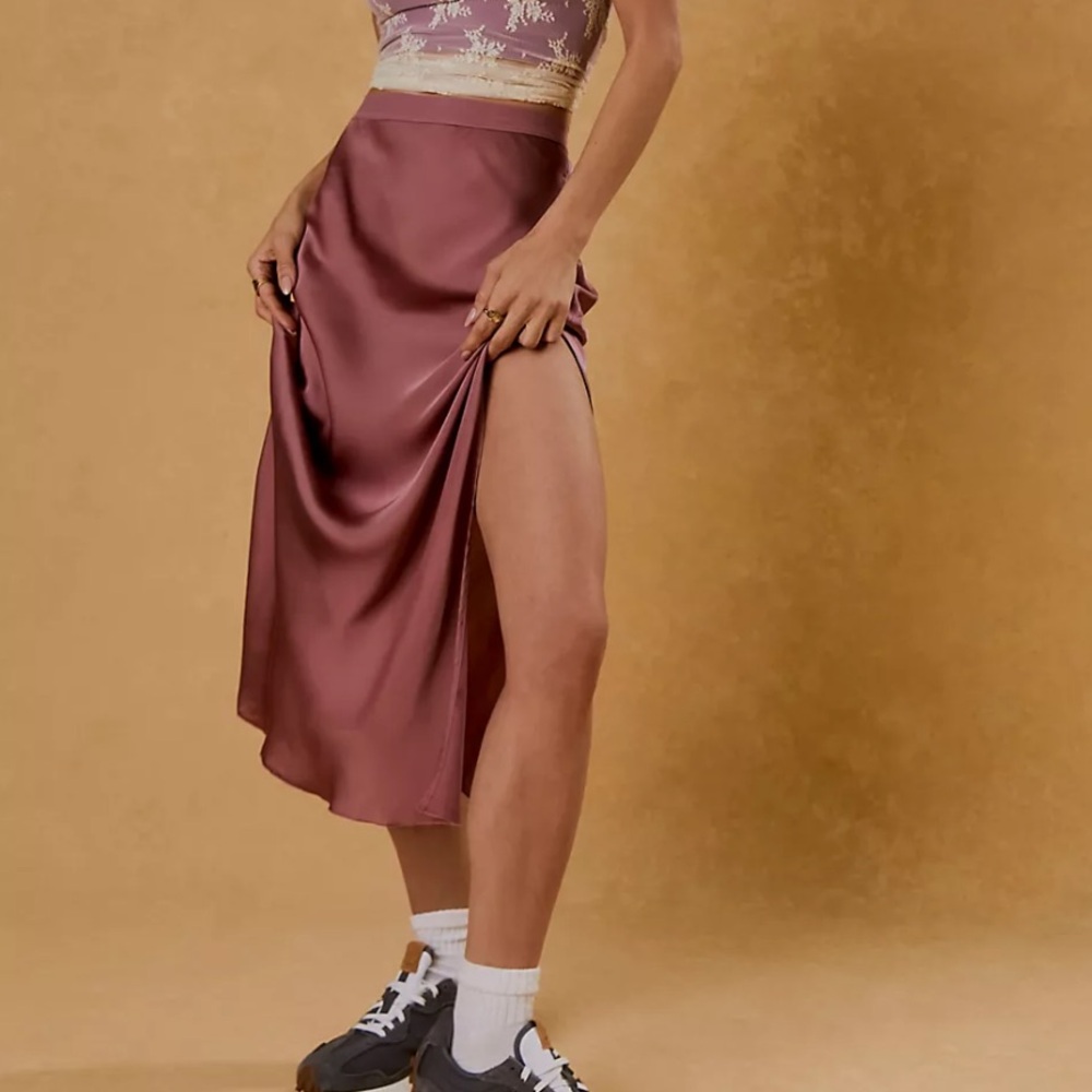 Free People Satin Midi Skirt with Slit